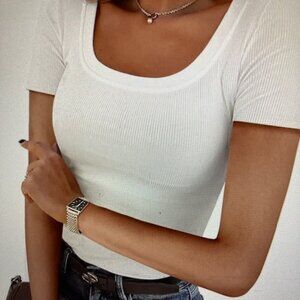 Women's Scoop Neck Ribbed Short Sleeve Tee Shirt - XL